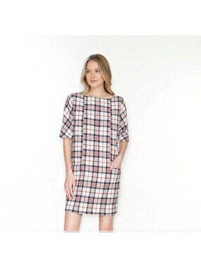 Zara Basic Red & Blue Tartan Plaid Short Sleeve Shift Dress, Size S